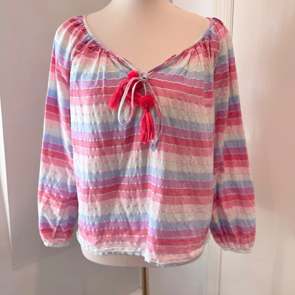J. Crew Multi color Striped Pheasant Tassel Metallic Long Sleeve Blouse | XS